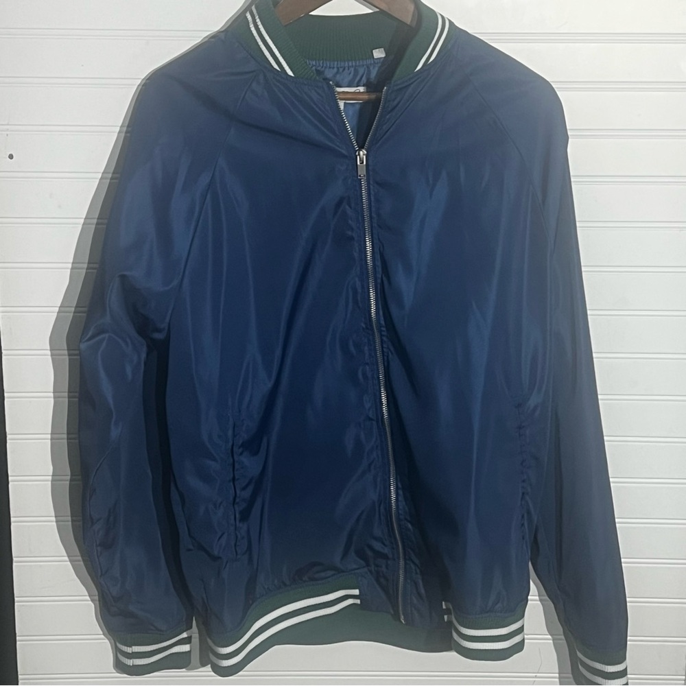 Sovereign Code Navy Bomber Varsity Jacket with Green Trim Size Large